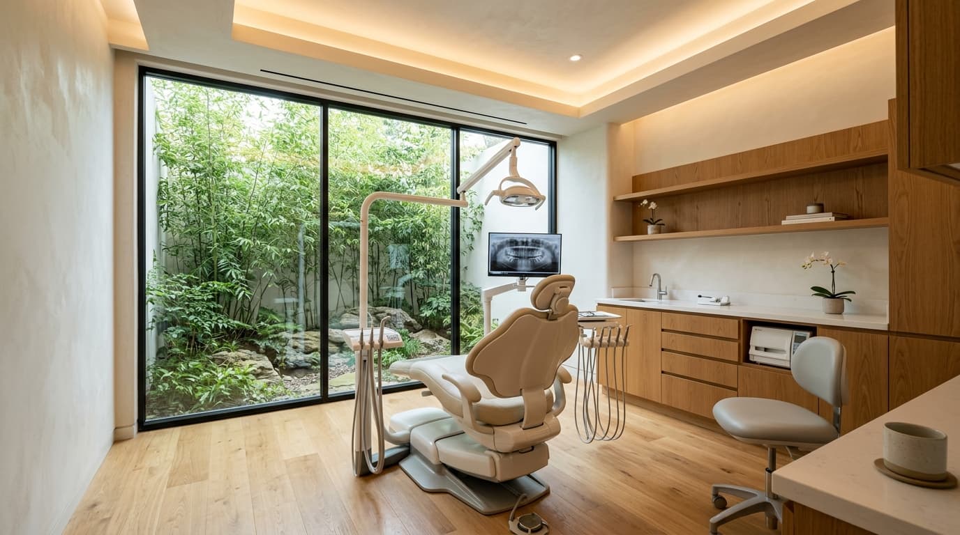 BrightSmile luxury dental suite overlooking peaceful bamboo garden